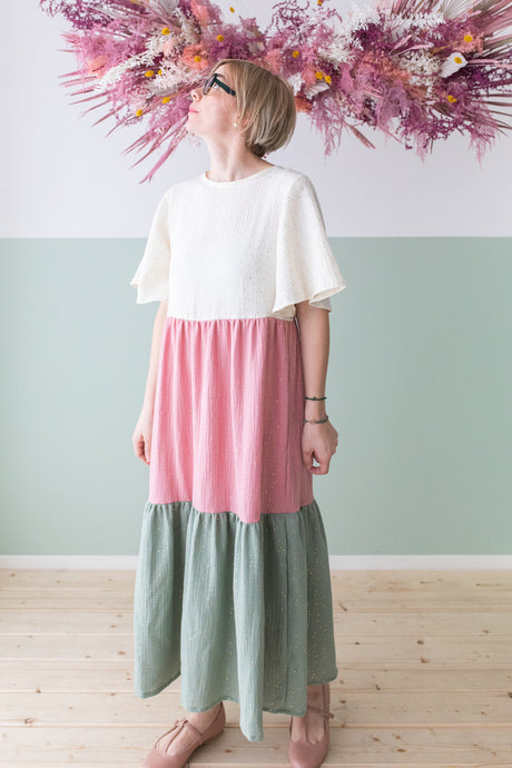 Vestito MAXI mussola pois oro 3 gusti, panna pistacchio fragola